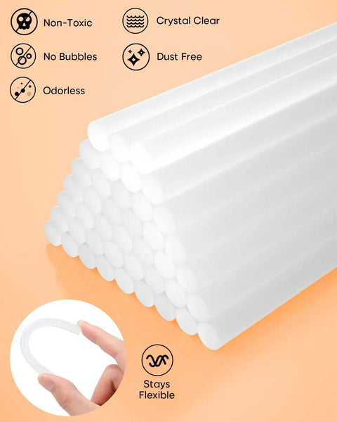 Stack of Full Size Clear Hot Glue Sticks 0.43 Inch Diameter 8 Inch Length 70 Pack for All Temp Glue Guns showing flexibility