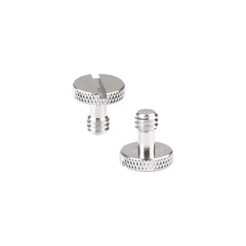 Built Tough Quarter Inch 20 Thread Slotted Screws For Camera Quick Release Plates And Tripod Mounts, nickel brass build, two screws.