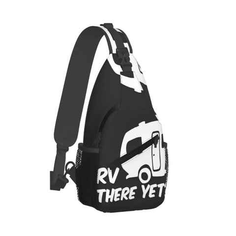 Side view of Dope Chest Sling Bag Crossbody Backpack For Travel And Hiking with RV print, black with white design.