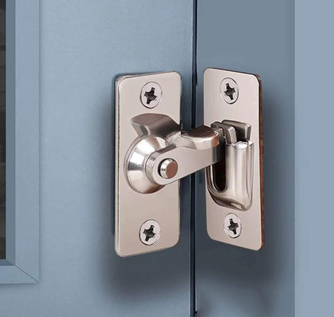 Door Hasp Latch 90 Degree Stainless Steel Safety Angle Locking Latch for Push Sliding Barn Doors Satin Nickel Finish installed on door