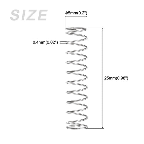 Compression spring, front view, 0.4 mm wire, 5 mm outer diameter, 25 mm free length, stainless steel