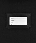 Luggage tag window on black fabric (front close-up)
