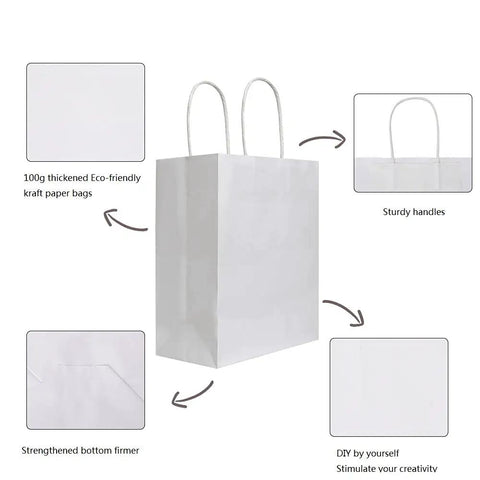 Medium White Kraft Paper Gift Bags With Handles 8x4.75x10 Inches Bulk Pack Of 50 for takeout, grocery shopping, and more.