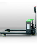 Heavy Duty Full Electric Pallet Jack Truck With 3300 Lb Capacity And Lithium Ion Battery For Super Smooth Material Handling Indoors Plus Walk Control Pump Truck, side view showing handle and forks.