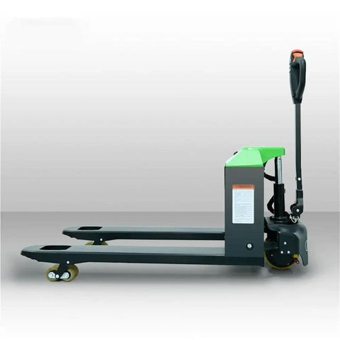 Heavy Duty Full Electric Pallet Jack Truck With 3300 Lb Capacity And Lithium Ion Battery For Super Smooth Material Handling Indoors Plus Walk Control Pump Truck, side view showing handle and forks.