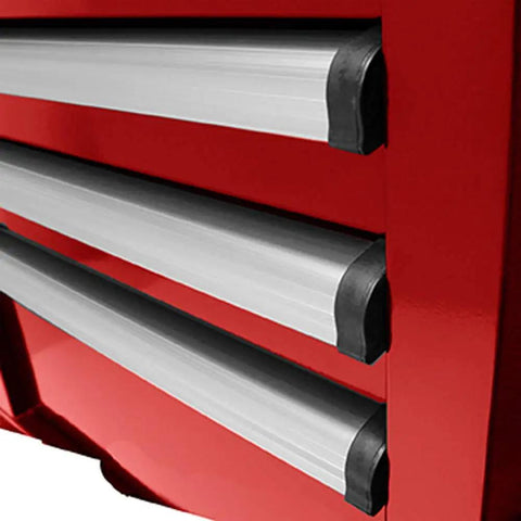 Side view of Pro II Drawer Top Chest With 24.5 Inch Depth, Heavy Duty Tool Organizer, showing 100Lb Ball Bearing Drawer Slides in red finish.