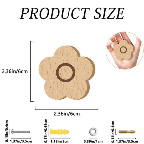 Flower Wooden Drawer Knobs Six Pack 2.36 Inch Beech Wood Cabinet Pulls with size dimensions shown