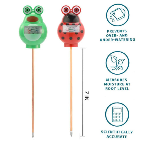 Two-Pack Indoor Outdoor Soil Moisture Meter With Frog And Ladybug Critters, 7-Inch Probe, Easy-Read Needle, Battery-Free Plant Care Tool