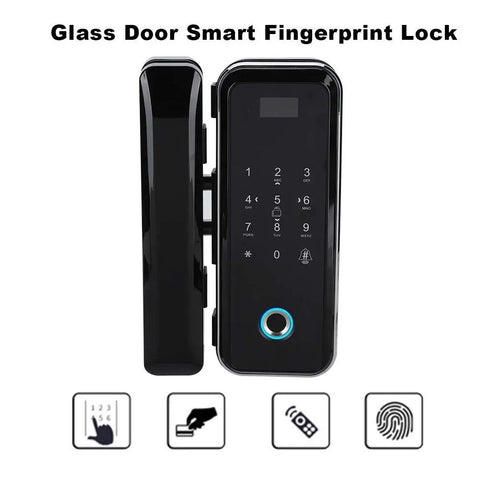 Glass door smart fingerprint lock with keypad, part of Keyless Entry Door Lock With Keypad And Fingerprint system.