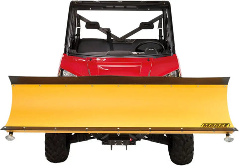 Red UTV with yellow snow plow attached to front, showcasing Transoil Expert 10W-40 Transmission Fluid for road and off-road