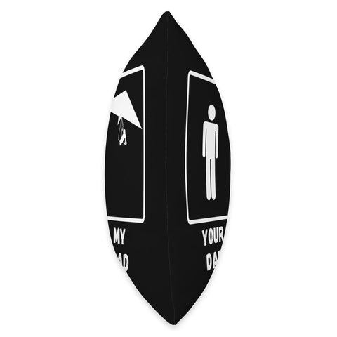 Side view of Your Dad Hang Glider Throw Pillow for Hang Gliding Fans and Adrenaline Junkies, black with white graphic designs.