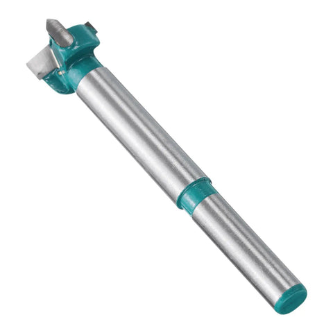 Pro Level Six Piece Forstner Drill Bit Set Equipped With Sharp Carbide Tips For Dead Center Woodcuts On Any Project Includes Six Standard Round Shank Measurements From Fifteen To Forty Millimeters, showing a single precision carbide drill bit.