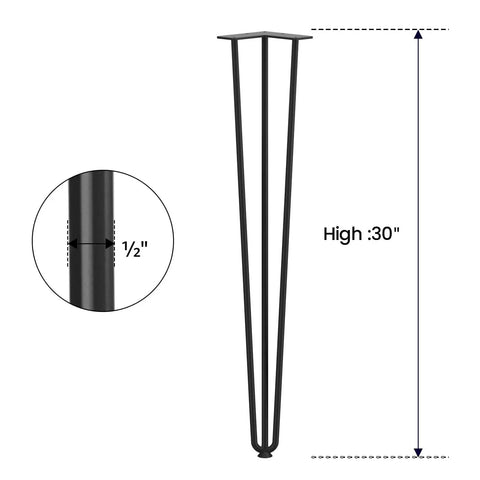 30 Inch Hairpin Table Legs Half Inch Diameter Three Rod Steel Black With Rubber Floor Protectors for DIY Furniture Makeovers