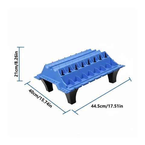 Beefy Parts Organizer Stand With Legs For Mechanics, blue slotted engine parts tray, stepped workbench dimensioned view
