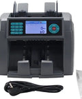 Top Shelf Mixed Denomination Money Counter With Auto Currency ID And Smart Counterfeit Detector For Banks And Restaurants. Gray body with digital display, stacker, and power cord.