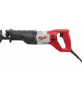 Heavy Duty Corded Reciprocating Saw Kit With A Badass 12 Amp Motor Punching Out 0 To 3000 Spm For Any Demolition Job Built Totally Rock Solid And Made In Usa With Three Quarter Inch Stroke Plus Gear Clutch Guard, showing the compact red and black design.