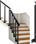 Tough As Nails Heavy Duty Adjustable Two Seventy Degree Side Mount Wrought Iron Railing Post With Smooth Black Bracket For Deck And Staircase Spindle Thirty Seven Inch Rust Resistant Home Decor One Pack installed beside staircase.