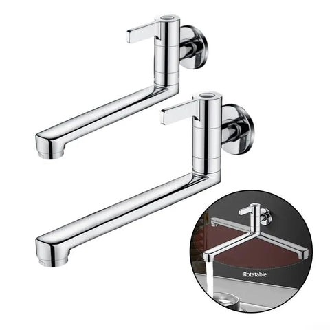 Shophubio Wall Mounted Kitchen Faucet Single Handle Cold Water Only Extended Spout 304 Stainless Steel Rotatable Sink Tap for Utility Mop Pool Silver Finish(25cm) shown from a side angle.