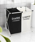 Two Section Laundry Basket With Foldable Design, Dual Compartment Laundry Hamper With Side Pocket, Stable Aluminum Frame, Black and White