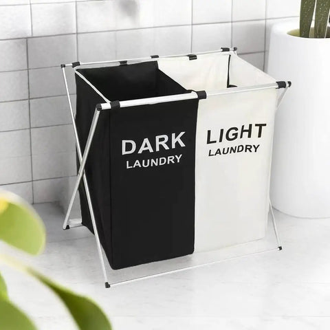 Two Section Laundry Basket With Foldable Design, Dual Compartment Laundry Hamper With Side Pocket, Stable Aluminum Frame, Black and White