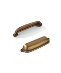Antique Brass Cup Pulls 3 Inch Center To Center 10 Pack Heavy Duty Cabinet And Drawer Handles, top and side view display
