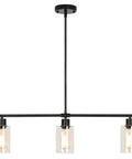 Three Light Modern Chandeliers For Kitchen Island Pendant Lighting with adjustable height, wrought iron frame and glass shade.