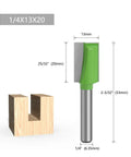 Solid 1/4 Inch Cleaning Bottom Router Bit For Flattening Wood Milling And Plowing Projects With Straight Flute Design For Clean Surfaces On Plywood And MDF next to wooden block with dimensions.