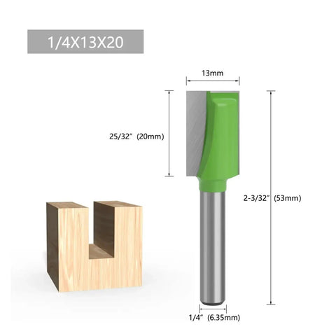 Solid 1/4 Inch Cleaning Bottom Router Bit For Flattening Wood Milling And Plowing Projects With Straight Flute Design For Clean Surfaces On Plywood And MDF next to wooden block with dimensions.