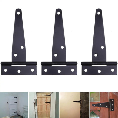 Heavy Duty Iron T Shape Door Hinges, 4 Inch Black, six screw holes, shown in various door applications, 24 pieces