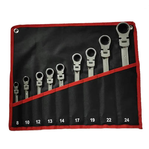 Go-To Universal Ratchet Spanner Set 6-24mm With Easy-Grip Wrench Kit in black holder, visible front view of sizes 8 to 24mm