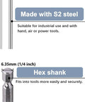 Close-up of hex-shank screwdriver bit in S2 steel, 1/4 inch (6.35 mm) size for drill/driver use.