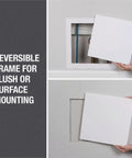 14 X 14 Square White Wall Access Panel Reversible Flex Frame To Hide Cables And Piping Flush Or Surface Mount Style Snap Secure Heavy Duty ABS shown in use.
