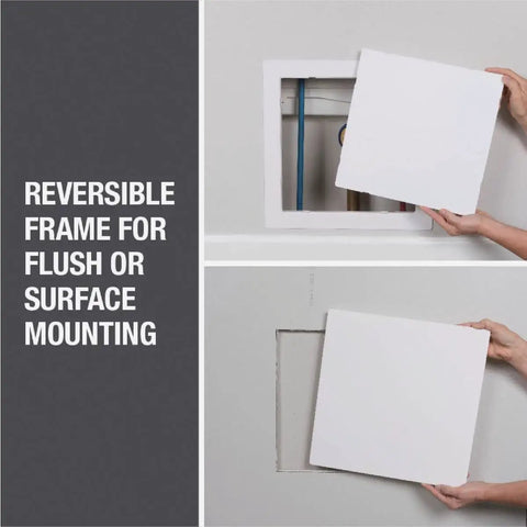 14 X 14 Square White Wall Access Panel Reversible Flex Frame To Hide Cables And Piping Flush Or Surface Mount Style Snap Secure Heavy Duty ABS shown in use.