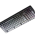 Slick Tri Mode Mechanical Keyboard With Gasket Mount Aluminum Case Hot Swap Silent Switches And Quick Sync Link For Crisp Typing Or Smooth Gaming Rig Setup In Obsidian Black top view showing illuminated keys.