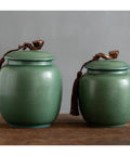 Vintage Chinese Ceramic Tea Canister Airtight Kitchen Storage Jar set, green, perfect for spices and coffee beans.