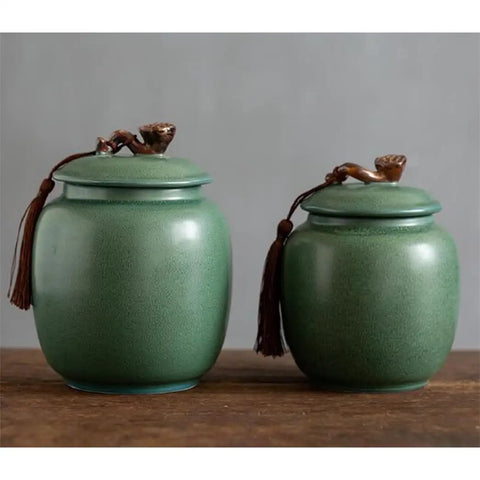 Solid Glazed Ceramic Tea Canister With Airtight Ruyi Lid For Stashing Premium Ground Coffee Beans Spice Rubs And Salt In Vintage Chinese Jars, green ceramic jars with decorative lids.