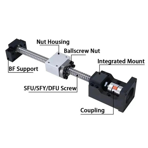 Upgrade Your CNC Router With This Awesome SFU1605 Ball Screw Kit Featuring A Solid C7 Grade 16mm Dia Design Perfect For Nema 23 Motors And Smooth Long Range Travel Up To 1250 Mm Including All Essentials Like Couplers And Nut Brackets For Serious. SFU1605 ball screw kit with BF support, nut housing, coupling, and integrated mount