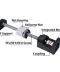 Upgrade Your CNC Router With Premium SFU1605 Ballscrew Kit Featuring 16mm Dia, C7 Grade Precision, Nema23 Steps, BF12 Nut, Coupler, And Full Z Axis Assembly For Fast Smooth Cutting. labeled ballscrew kit with BF support, nut housing, and coupling