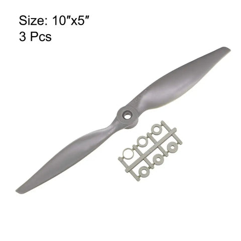 Two Vane 10x5 Inch Nylon RC Propellers CW For Airplanes Gray 3 Pack With Adapter Rings Showing One Propeller and Rings
