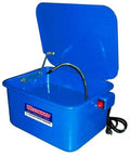 Heavy Duty Desktop Parts Washer Uses Non Toxic Water Formula To Scrub Away Machine Oil And Brake Dust In No Time Flat, blue 3.5 gallon tank with lid.