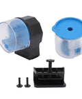 Heavy Duty Automatic Fish Feeder With Smart Electric Dual Compartments showing blue and black components and mounting bracket.