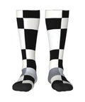 Black And White Piano Grid Thigh High Socks Unisex Breathable Moisture Wicking Crew Socks For Women Men shown from front view.