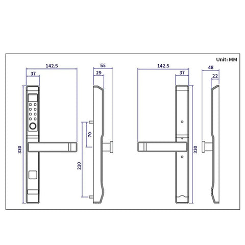 Dimensions diagram of Hella Secure Fingerprint Smart Door Lock With Keyless Code Card and Mechanical Key Backup.