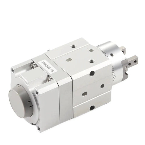 Top Shelf Angular Rotary Pneumatic Cylinder Piston Grip Unit MRHQ16D aluminum design with rotating mechanism for efficient clamping.