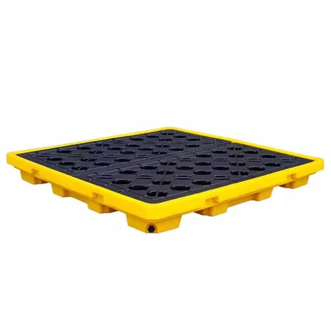 Stackable Spill Containment Pallet With Leakproof Plastic Platform Grating And Drain Tray For Safe Liquid Storage Built To Last, Tough As Nails Polyethylene Build Ideal For Industrial Or Workshop Use 130x130x15 cm displaying yellow plastic