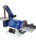 Compact blue variable speed belt and disc sander with 1 inch by 30 inch belt and 6 inch disc, featuring removable platens for shaping.
