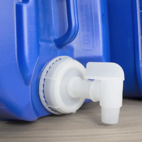 Spigot detail on Five Gallon Stackable Water Storage Containers Kit With Ten Lids And Two Spigots, Food Grade Plastic.