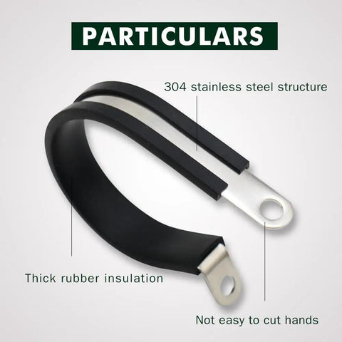 Rugged Heavy Duty 1 Inch Insulated Cable Clamps Kit Ten Pieces Stainless Steel Rust Resistant, showing thick rubber insulation
