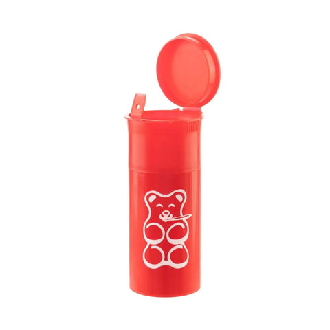Cap And Crusher 2 In 1 Herb Grinder With Extra Large Storage Pop Art Edition Red Built In Grinder And Pop Top Bottle displayed