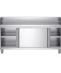 Heavy Duty Stainless Steel Prep Table With Cabinet And Splash Guard Slick Commercial Kitchen Workbench Built Like A Tank, Front view with sliding doors.